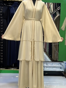 Wholesale Modest Dubai Beaded Sequined <b>Long</b> Sleeve Abaya Muslim Traditional Handmade Wedding Women Breathable V Neck - Product Image 2