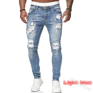 Jeans pour hommes, déchirés aux genoux, stretch, skinny, denim, couleur unie, noir, bleu, automne, été, style hip-hop, coupe slim, pantalon, tailles S-4XL - Product Image 2