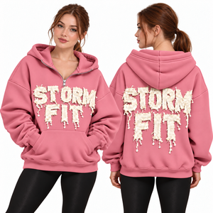Sudadera con capucha de media cremallera para mujer, color coral, estilo Storm Fit, con apliques de letras, hombros caídos, bolsillo canguro, informal, de forro polar, estilo urbano, cortavientos - Product Image 6