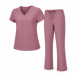Peach Medical Scrub Set <b>Womens</b> V Neck <b>Short</b> Sleeve Pocket Top Drawstring <b>Trousers</b> Nursing Uniform Hospital Clinic Apparel Plain - Product Image 5