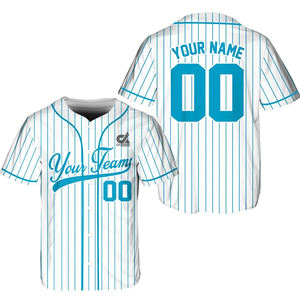 Maillot de baseball blanc à fines rayures menthe et turquoise, boutonné, uniforme d'équipe avec nom et numéro personnalisés, style professionnel, vente en gros - Product Image 3
