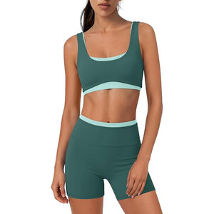 Green Mint Solid 2 Piece Yoga Set Seamless Sports Bra High Waist Shorts Breathable Four-Way Stretch Water Resistant Active Wear - Product Image 1