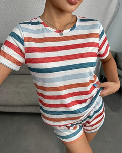 Women 2 Piece Striped Shorts Set Short Sleeve Crew Neck Loose Fit Casual Spring Summer Wear 100% Cotton Knitted Breathable - Product Image 2