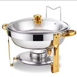 Plat à réchaud en acier inoxydable avec couvercle en verre, support doré, chauffe-plats pour buffet, ensemble de service traiteur - Product Image 1