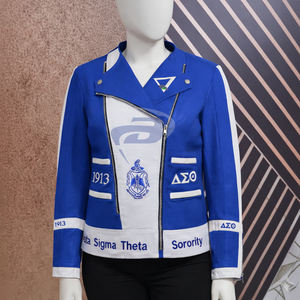 Delta |   Sigma |   Chaqueta de Sarga de Algodón Nalia de la Hermandad Theta para Mujer, Ropa Exterior Blanca y Azul Rey, Chaqueta de la Hermandad DST - Product Image 1