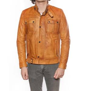 Veste en cuir marron pour homme, coupe ajustée décontractée, fermeture éclair, col rabattu, pour l'automne - Product Image 4