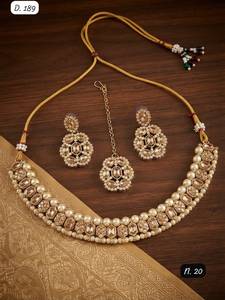 Premium <b>Silver</b> Tone Pearl Border <b>Choker</b> Necklace Set with Earrings and Maang Tikka Elegant Bridal Wedding Jewelry Set For Women - Product Image 2