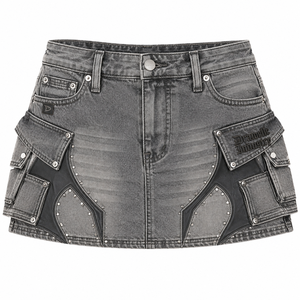 Gothic Armor Denim <b>Skirt</b> for Women, <b>Silver</b> Grey Low Rise Cargo <b>Mini</b> <b>Skirt</b> with Rhinestones, Streetwear Utility Style - Product Image 1