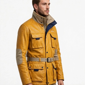 <b>Men's</b> Genuine Leather Jacket Stand Collar <b>Belted</b> Workwear Style Solid Color - Product Image 2