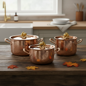 Casseroles de cuisson européennes martelées à la main en or rose, avec poignées en forme de feuille de citrouille, en acier inoxydable écologique - Product Image 2