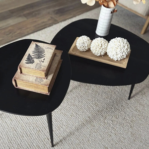 Ensemble de deux tables basses style industriel en métal et bois avec plateau en bois de manguier noir et base pliante en fer pour salon - Product Image 6