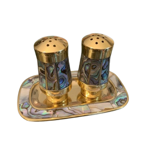 Vintage Abalone Mother Of Pearl Shell Inlay <b>Salt</b> And <b>Pepper</b> <b>Shakers</b> With Mexican Alpaca Silver Metal Modern Kitchen Decor - Product Image 1