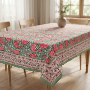 Mantel con estampado floral verde y flores rosas, con borde ornamental en tela verde salvia, diseño estampado a mano. - Product Image 6