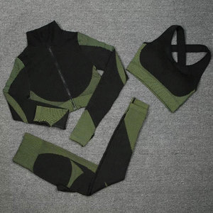 Black Green Contrast 3 Piece <b>Yoga</b> Set Turtleneck <b>Jacket</b> Racerback Sports Bra High Waist Leggings Seamless Full Length - Product Image 1