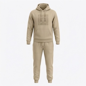 Survêtement à capuche beige pour homme, imprimé géométrique, manches longues, vêtements de sport décontractés, 100% coton respirant, vêtements d'automne - Product Image 1