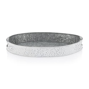 Galvanized White Washed Farmhouse Serving <b>Tray</b> For <b>Table</b> Centerpiece Decor <b>Round</b> Iron Metal <b>Tray</b> With Vintage Floral Pattern - Product Image 1
