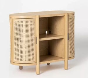 Gabinete de Madera de Teca con Puertas Tejidas de Ratán Natural, Diseño Único - Product Image 1