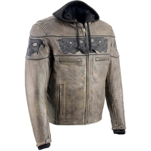 Chaqueta de Motociclista de Cuero Genuino para Hombre, con Capucha, Diseño con Calavera en Relieve, Cierre de Cremallera, Corte Regular, para Otoño - Product Image 2