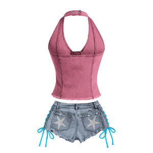 Combinaison pantalon pour femme, brodée, respirante, streetwear d'été, col en V, couleur unie, manches courtes, confortable, élégante, en lin/coton - Product Image 3