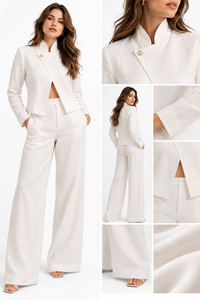 Luxury Autumn Short Stand Collar Co-ord Set-White Asymmetric Blazer and <b>Wide</b> <b>Leg</b> <b>Trousers</b> Two Piece Bulk Manufacturer - Product Image 2