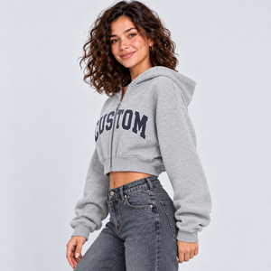 Custom Varsity Letter Print <b>Cropped</b> <b>Zip</b> <b>Up</b> <b>Hoodie</b> Women Fleece Drop Shoulder Crop Top Sweatshirt Blank Thick <b>Zip</b> <b>Hoodie</b> - Product Image 4