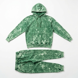 Conjunto Deportivo Unisex con Capucha, Lavado Ácido, Verde, Manga Larga, Corte Regular, Pantalones Casuales con Cordón, Poliéster/Algodón, Ropa de Otoño - Product Image 1