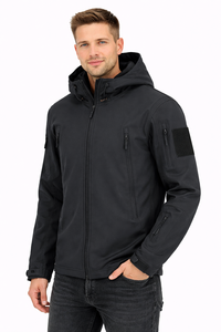 เสื้อแจ็คเก็ตมีฮู้ดแบบซอฟต์เชลล์สีดำสำหรับผู้ชาย – เสื้อโค้ทกลางแจ้งแบบซิปกันน้ำพร้อมกระเป๋าอเนกประสงค์แบบซิปหลายช่อง - Product Image 3