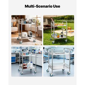 Chariot utilitaire de laboratoire à 2 niveaux en acier inoxydable avec roues verrouillables, chariot de service mobile robuste pour clinique, chariot de rangement pour plateaux - Product Image 3