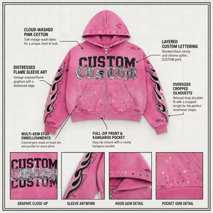 <b>Pink</b> Custom Printed Hooded Zip-Up <b>Sweatshirt</b> Oversized Streetwear Fleece Rhinestone Decorated Front Logo Regular Sleeve - Product Image 6