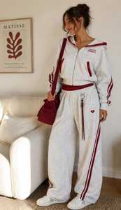 ONETEN APPARELS <b>Women's</b> Maroon <b>White</b> Striped 2 in 1 Lightweight Full Sleeve Hooded Zipper Loose Fit <b>Joggers</b> Casual Sportswear - Product Image 2