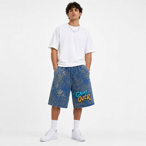 Shorts Bermuda en Coton Délavé Bleu pour Homme avec Imprimé Game Over, Taille Élastique, Style Décontracté, Logo Avant, Effet Délavé à l'Acide - Product Image 4