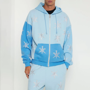 Men's <b>Light</b> Blue Hooded Tracksuit With <b>Snowflake</b> Embroidery Full Length Zipper Casual Winter Wear 100% Cotton Loose Fit - Product Image 2