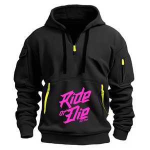 Sudadera con capucha y media cremallera para hombre, corte regular, de algodón tejido, con diseño de bolsillo y estampado 'Ride Or Die', estilo casual para otoño - Product Image 2
