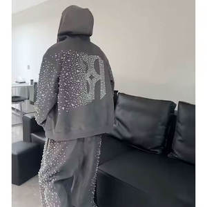 Fashion Men's Winter Hooded Solid Rhinestone Tracksuit Custom Color Casual Streetwear 100% Cotton Quick Dry Breathable OEM - Product Image 5