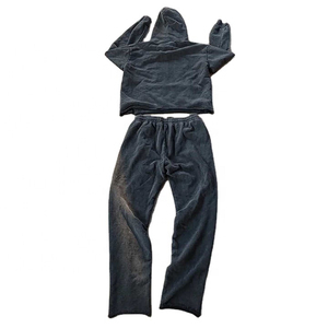 Ensemble sweat à capuche imprimé effet vieilli et pantalon de survêtement évasé pour homme, 100 % coton, survêtement d'hiver, effet délavé soleil, grandes tailles disponibles - Product Image 4