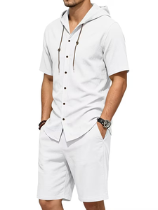 Men Breathable Knitted Solid Hooded Shirt Set Short Sleeve Button-Up Top Elastic Waist Shorts Casual Summer Outfit - Product Image 5