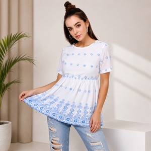 Blusa Peplum de Algodón con Estampado Floral Blanco para Mujer, Manga Corta, Cuello Redondo, Corte Holgado, Informal, para Primavera/Verano - Product Image 3