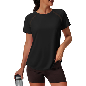 Camiseta Deportiva de Manga Corta para Mujer, Cuello Redondo, Color Negro Sólido, Manga Raglán, Corte Holgado, Secado Rápido, Tejido de Punto, Primavera Verano - Product Image 2