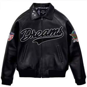 PU Leather Bomber <b>Jacket</b> Men Streetwear Zipper Closure Turn-down Collar Patch Designs Blue - Product Image 4