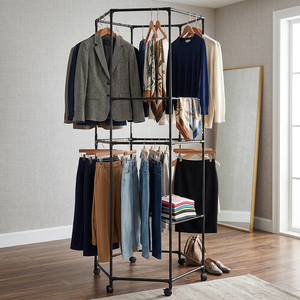 Expositor de ropa metálico plegable de alta resistencia Bros Display, soporte independiente para exhibición de prendas con estantes escalonados y diseño desmontable. - Product Image 5