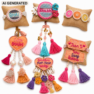 Ensemble de bracelets Bhabhi Rakhi faits à la main, en coton brodé en forme de cœur, cadeau personnalisé pour Bhabhi pour les fêtes - Product Image 1