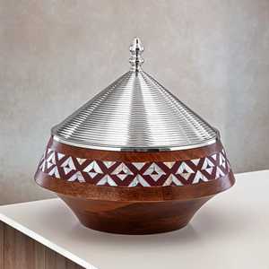 Casserole ronde en bois faite à la main, isolée en acier inoxydable, avec couvercle miroir à incrustation géométrique, bol de service pour hôtel - Product Image 3