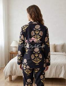 Premium Navy Blue Hand Block Printed Cotton Summer Night <b>Suit</b> Set Women Full-Sleeve Button-Down Shirt Straight-Fit <b>Pyjamas</b> - Product Image 2