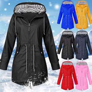Women Yellow <b>Rain</b> <b>Jacket</b> Hooded Waterproof Mid Length Drawstring Windbreaker Ladies Outdoor Raincoat - Product Image 5