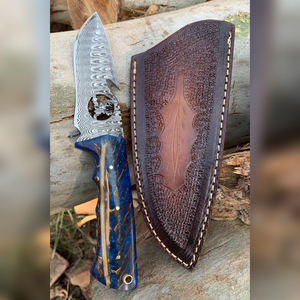 Cuchillo OEM de caza y supervivencia de hoja fija de acero de Damasco Wirecut con gancho para deshuesar, mango de resina de piña y funda de cuero, para camping, actividades al aire libre y EDC - Product Image 1