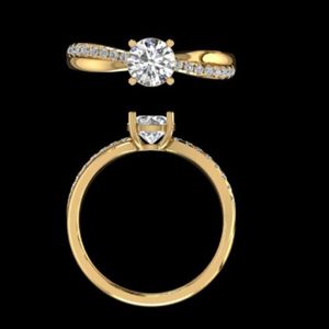 Anillo de compromiso de oro amarillo con diamantes redondos, banda entrelazada con pavé y piedra central de corte brillante, joyería para mujer - Product Image 3