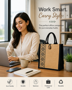 Geometric Pattern Jute Shopping <b>Bag</b> <b>Medium</b> <b>Size</b> Button Closure Hand Length Handle Groceries Use - Product Image 3