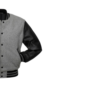 Chaqueta Varsity Gris para Hombre con Mangas de Cuero Negro, Cuello Camisero, Corte Regular, Color Sólido, Cierre de Cremallera, para Otoño - Product Image 3
