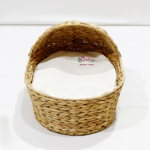 Handmade Natural Water Hyacinth Woven Pet Bed Basket with Soft <b>Mat</b> Hooded Design - Product Image 1