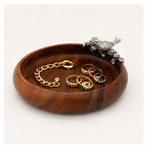 Bol de service artisanal en bois d'acacia naturel avec accent décoratif en métal argenté en forme d'oiseau pour salade de fruits et collations, décoration de maison de luxe - Product Image 2